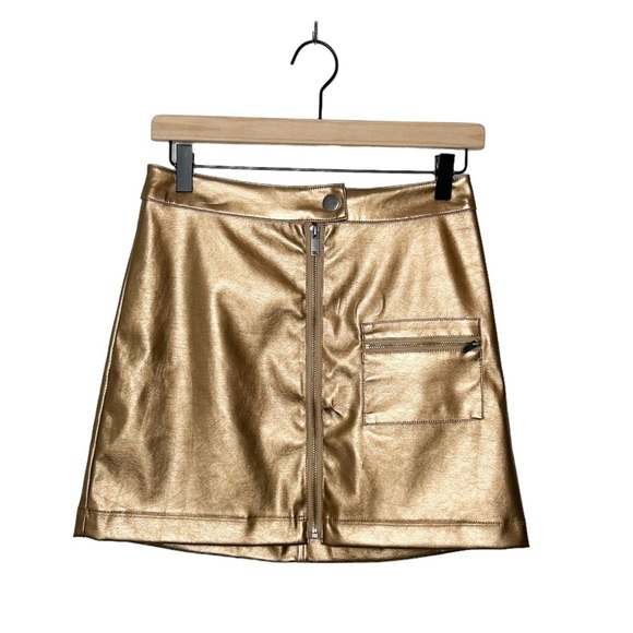 Urban Outfitters Gold Shiny Metallic Zip Front Mini Skirt Small‎ S - Picture 1 of 7
